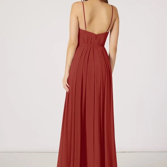 AZAZIE EVEREST A-Line Pleated Chiffon Floor-Length Dress pine size A6 - Picture 2 of 5